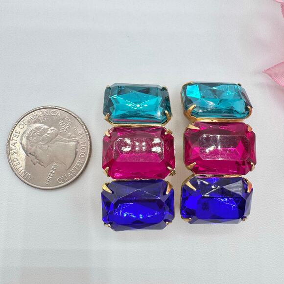 Vintage Three Rhinestone Huge Clip On Earrings Teal Fuchsia Blue 80s Mob Wife - Picture 12 of 16